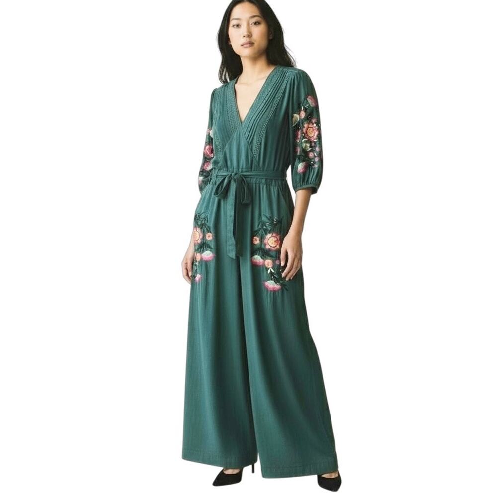 Frock & Frill Dark Green Gauzy Floral Embroidered Jumpsuit Sz 8 Wide Leg Fall‎